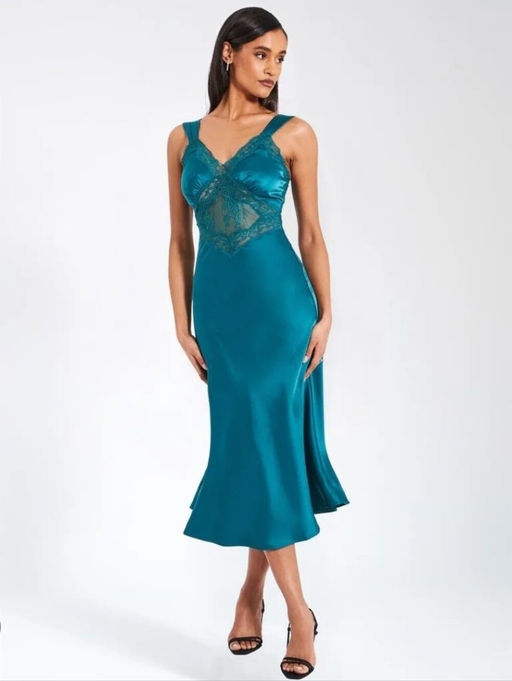 Miss Circle Perley Satin and Lace Midi Dress - Teal